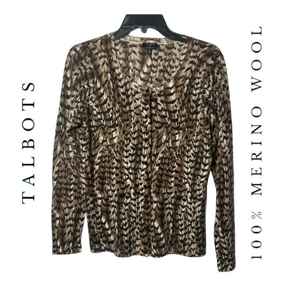 1611. TALBOTS PETITES LONG SLEEVE CARDIGAN PURE MERINO WOOL‎ SIZE MEDIUM BROWN - Picture 1 of 9